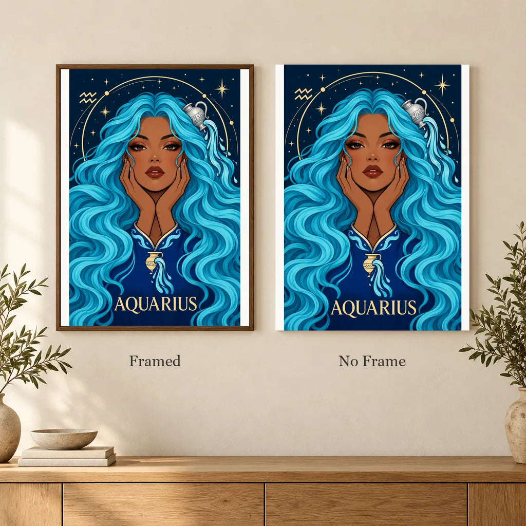 Framed and no-frame options for the Aquarius Water Bearer diamond painting