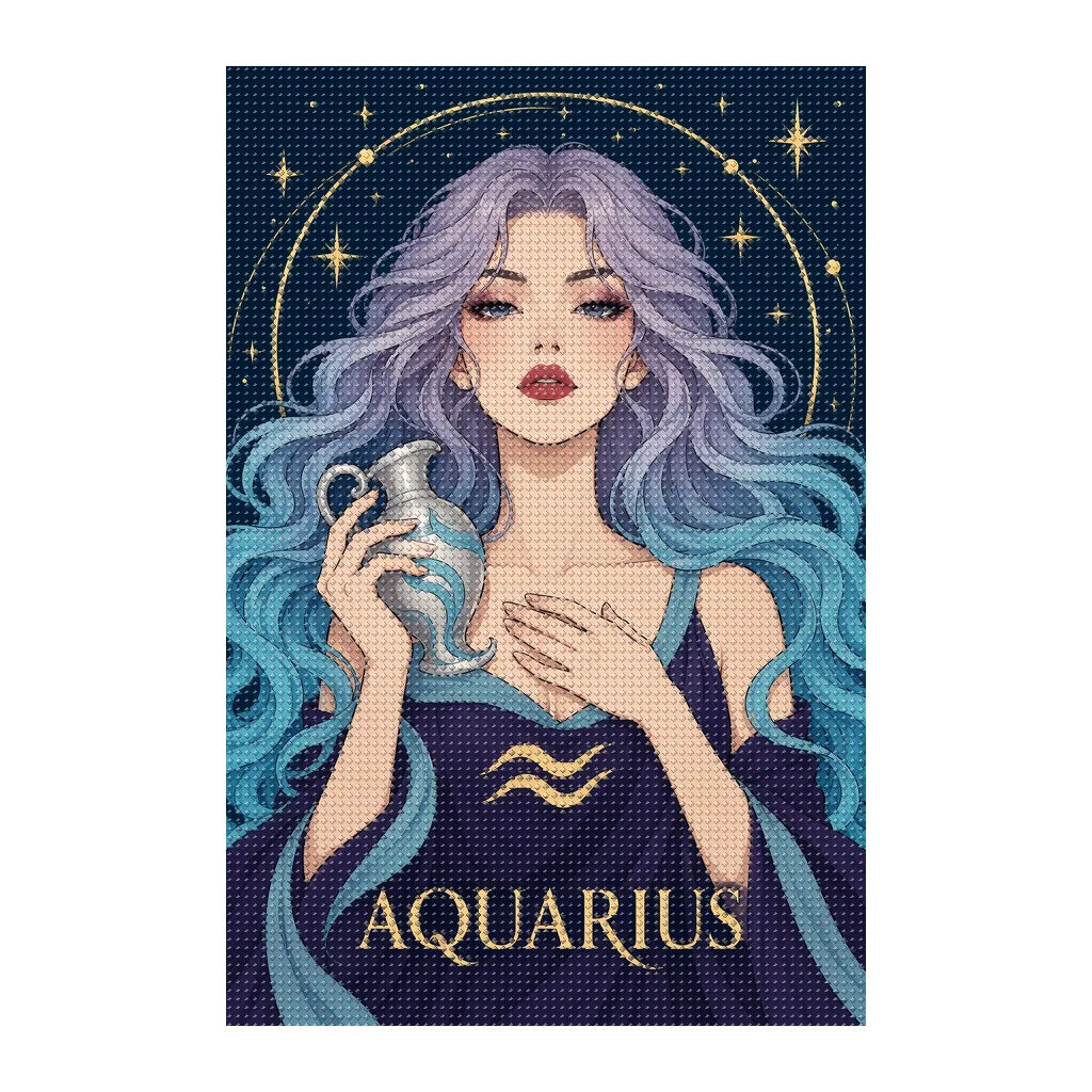 Finished white-background diamond painting of Aquarius Lilac Waterkeeper