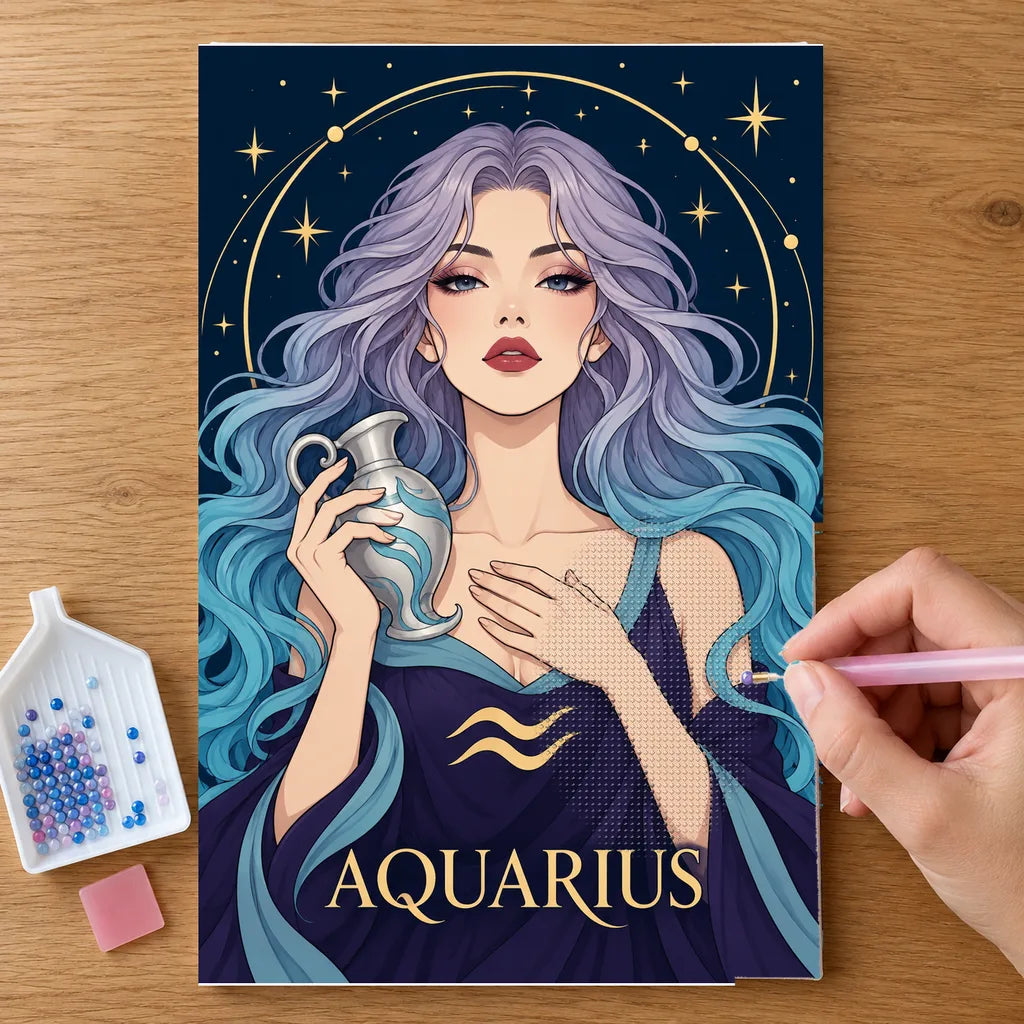 Hands placing drills on the Aquarius Lilac Waterkeeper diamond painting canvas