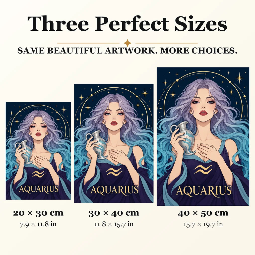 Aquarius Lilac Waterkeeper diamond painting in 20 by 30, 30 by 40, and 40 by 50 centimeter sizes