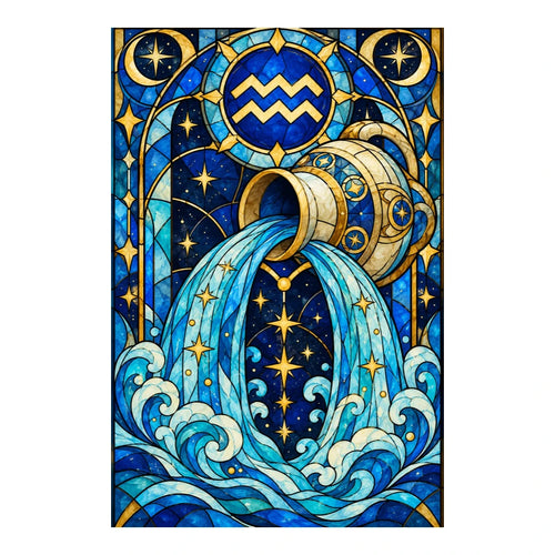 Aquarius stained glass water bearer diamond painting design on a white background