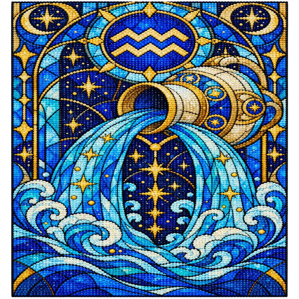 Finished Aquarius stained glass water bearer diamond painting with sparkling drills on a white background