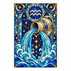 Finished Aquarius stained glass water bearer diamond painting with sparkling drills on a white background