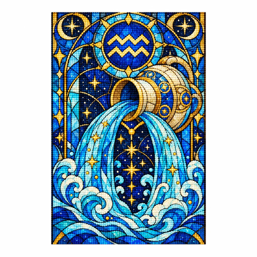 Finished Aquarius stained glass water bearer diamond painting with sparkling drills on a white background