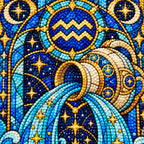 Close-up detail of colorful drills in the Aquarius stained glass water bearer design