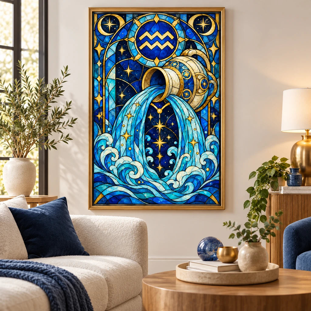 Aquarius stained glass water bearer diamond painting displayed as home decor
