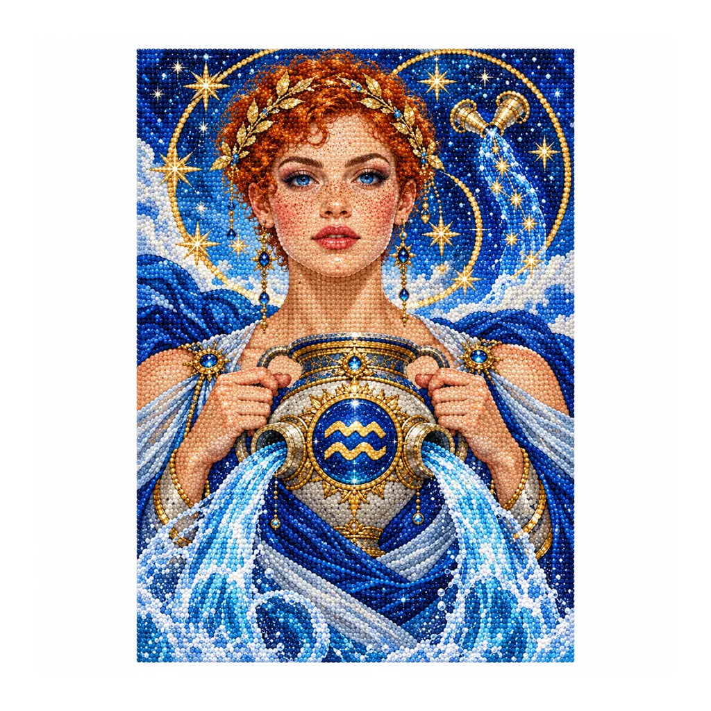 Finished white-background diamond painting — water bearer maiden