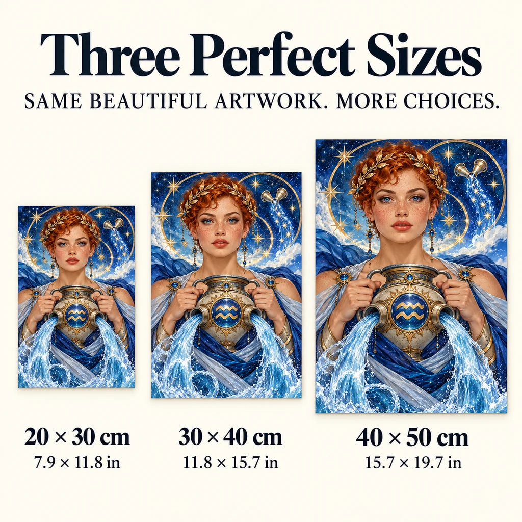 Size guide showing 20 × 30, 30 × 40, and 40 × 50 cm — water bearer maiden