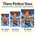 Size guide showing 20 × 30, 30 × 40, and 40 × 50 cm — water bearer maiden