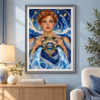 Framed artwork displayed in a home interior — water bearer maiden
