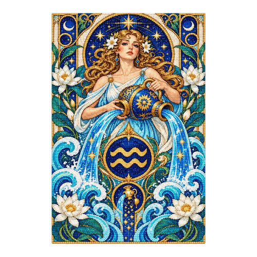 Finished white-background diamond painting of Aquarius Nouveau Water Bearer
