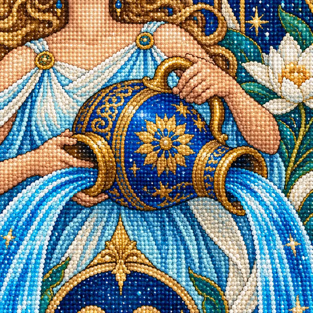 Close-up diamond drill detail of the Aquarius Nouveau Water Bearer artwork