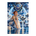 Aquarius water bearer maiden seated beneath a starry zodiac arch, original design