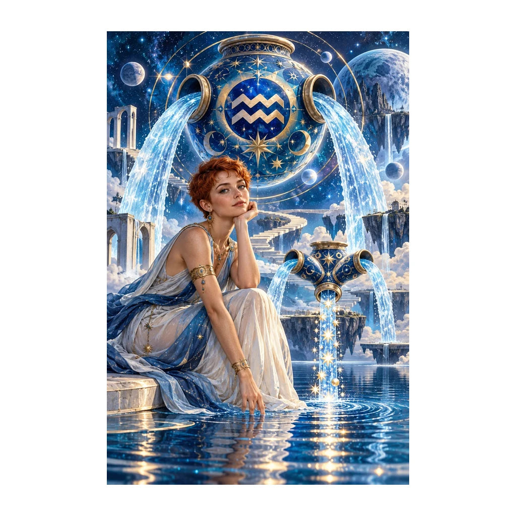 Aquarius water bearer maiden seated beneath a starry zodiac arch, original design