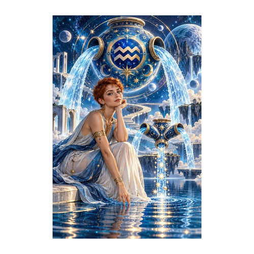 Aquarius water bearer maiden seated beneath a starry zodiac arch, original design