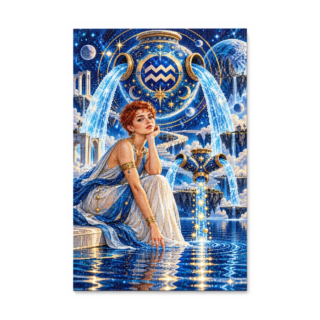Aquarius water bearer maiden diamond painting with blue waterfalls and gold drills on a white background