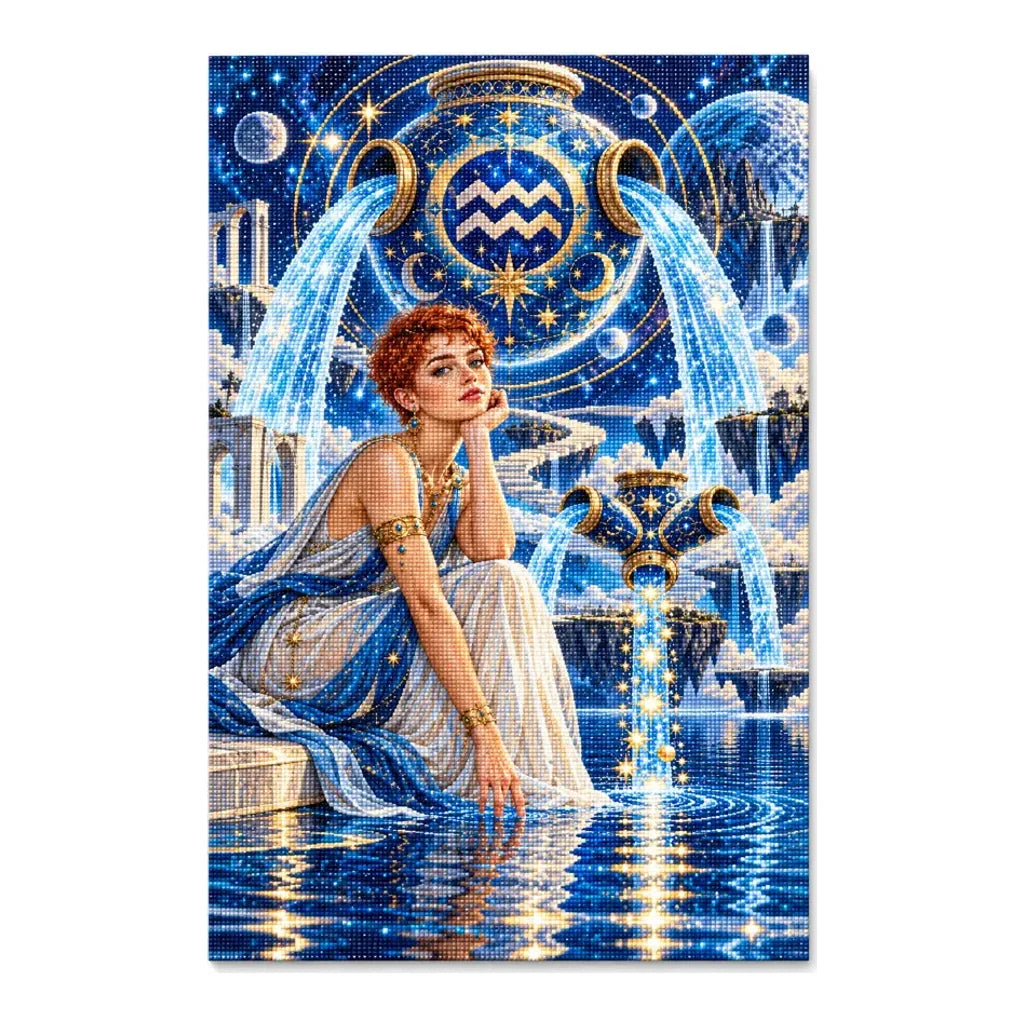 Aquarius water bearer maiden diamond painting with blue waterfalls and gold drills on a white background