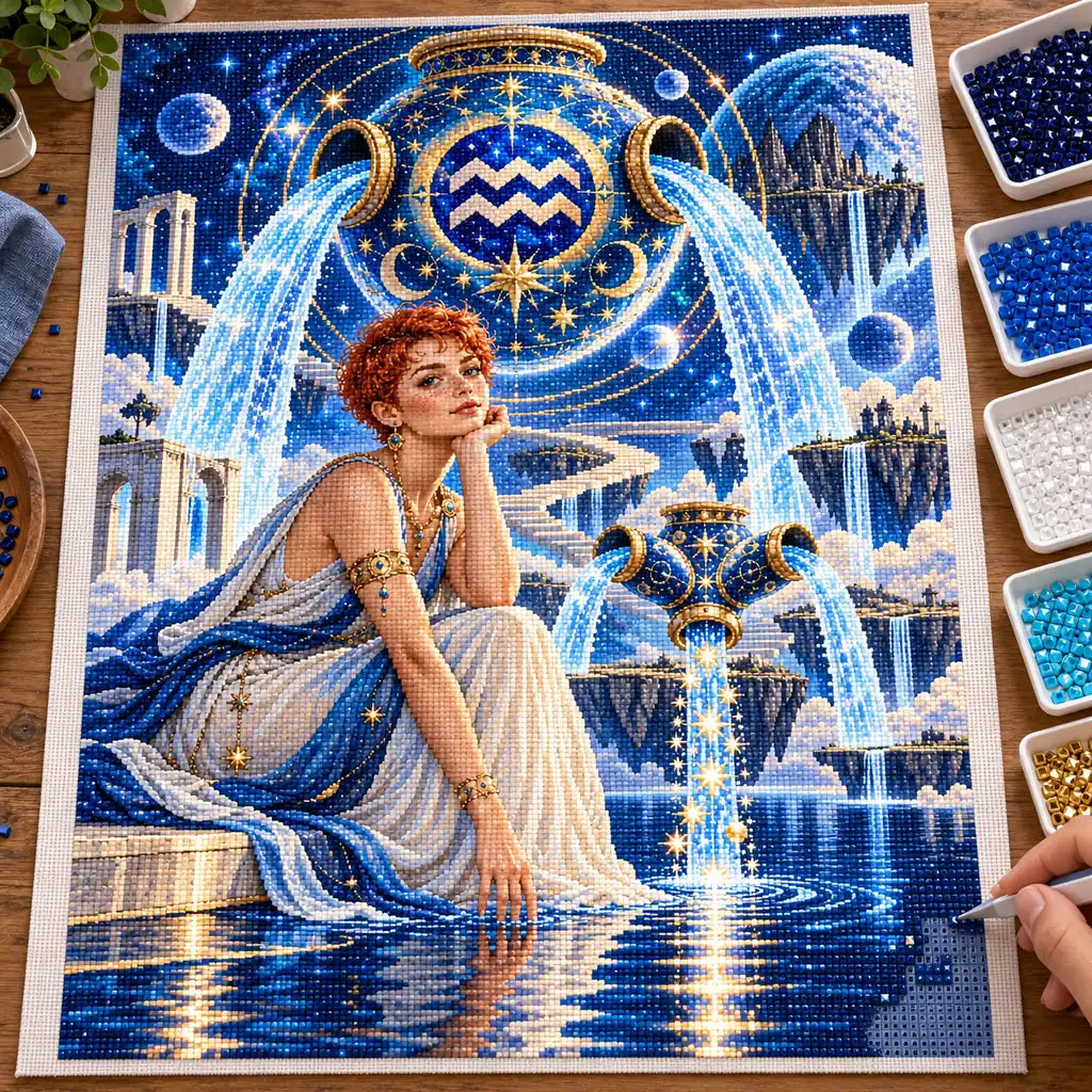 Hand applying drills to the Aquarius water bearer waterfall diamond painting