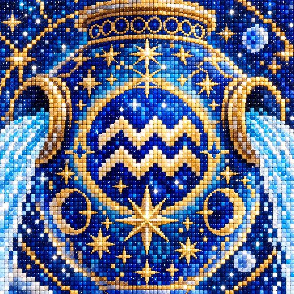 Close-up of blue and gold Aquarius zodiac emblem diamond drills