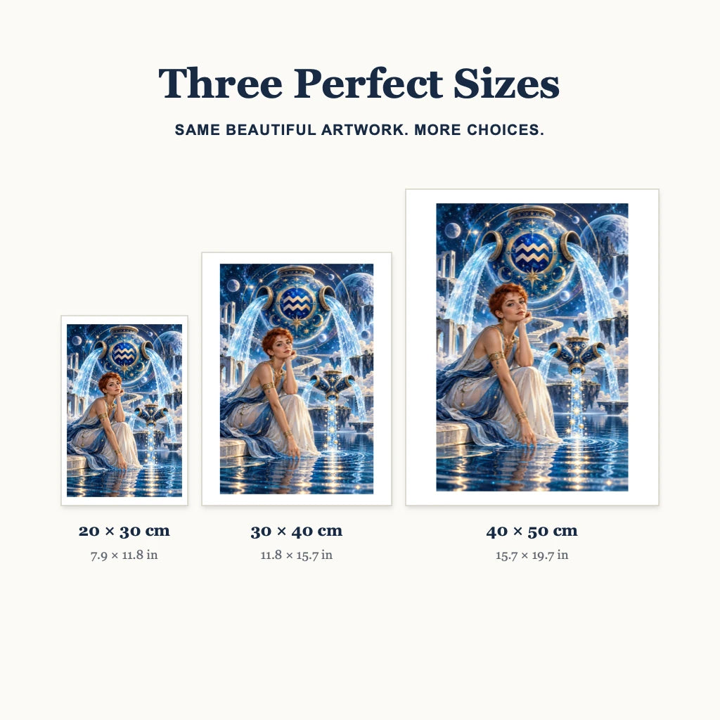 Aquarius oracle diamond painting size guide showing 20 × 30, 30 × 40, and 40 × 50 cm