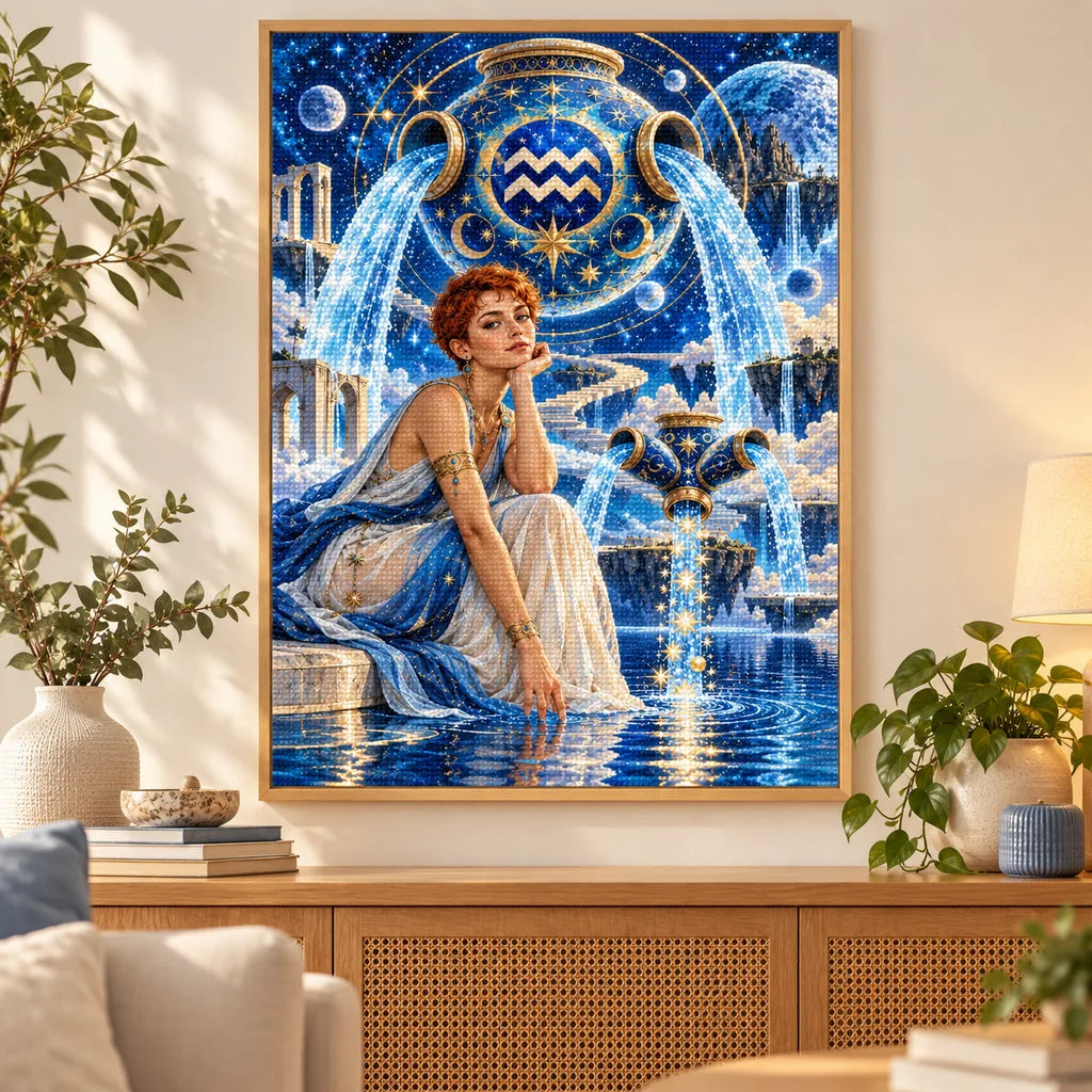 Framed Aquarius water bearer diamond painting displayed on a living room wall