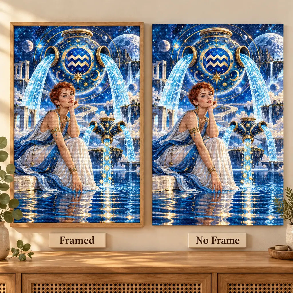Framed and no-frame Aquarius water bearer diamond painting comparison