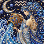 Close-up of glossy pearls and printed canvas in the aquarius design