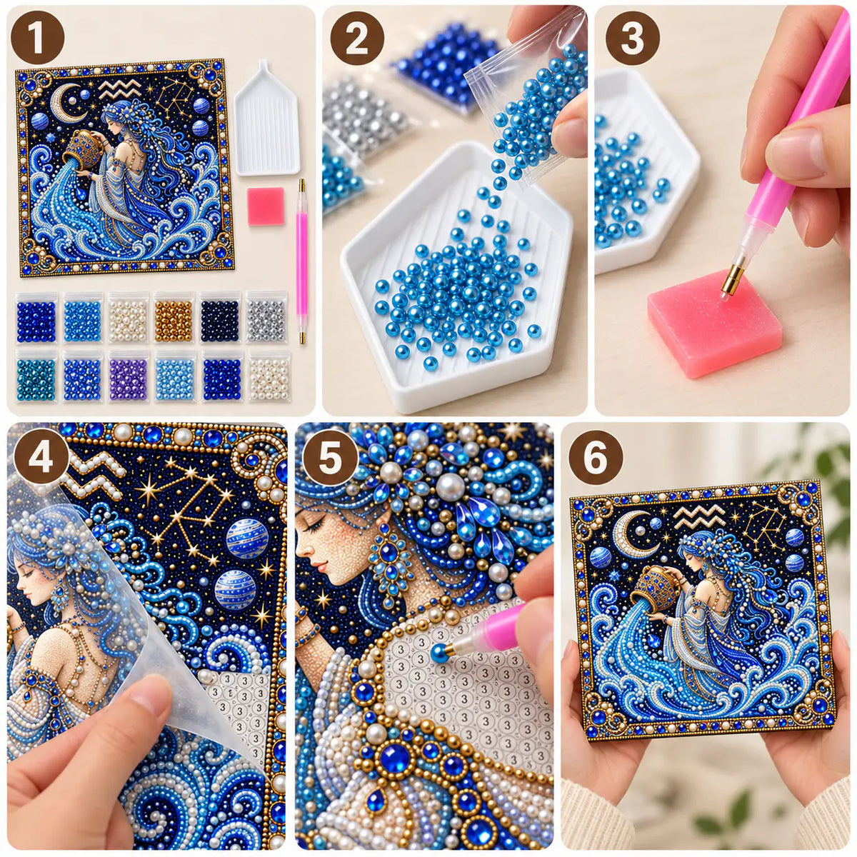 Six illustrated steps for placing pearls on the aquarius design