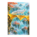 White-background original artwork of an arctic fox crossing a golden ginkgo bridge above waterfalls