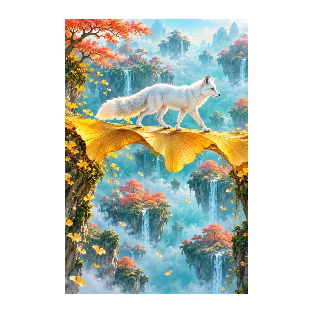 White-background original artwork of an arctic fox crossing a golden ginkgo bridge above waterfalls