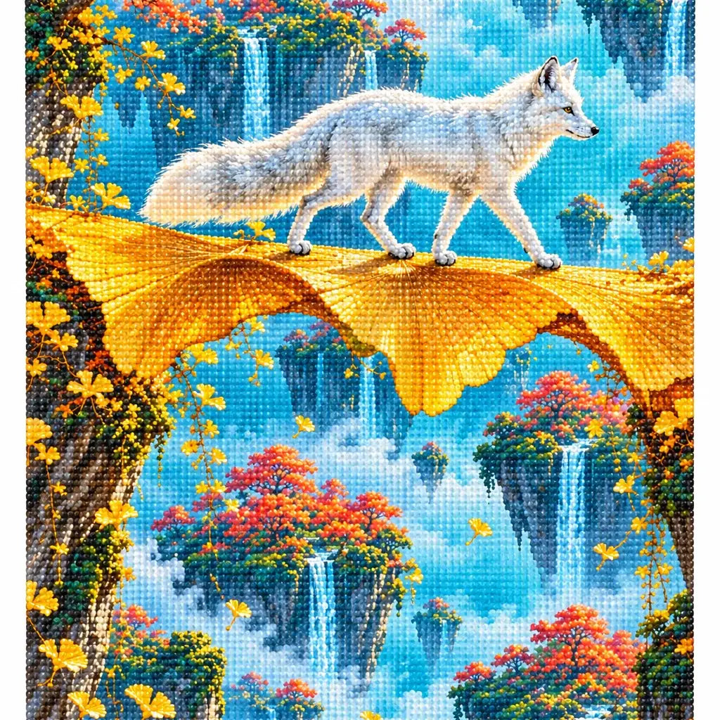 White-background finished diamond painting of a white fox on a golden ginkgo bridge