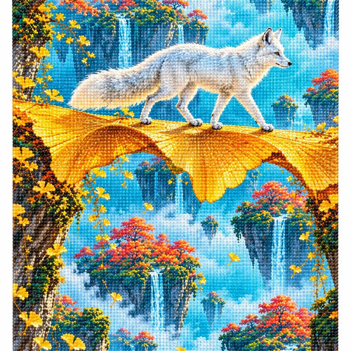 White-background finished diamond painting of a white fox on a golden ginkgo bridge