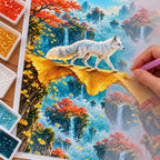 Hands placing drills on the arctic fox and ginkgo bridge diamond painting