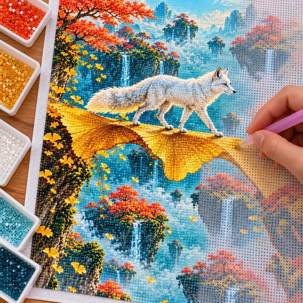 Hands placing drills on the arctic fox and ginkgo bridge diamond painting
