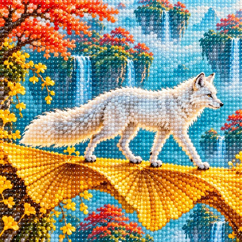 Close-up diamond drill detail on the white fox and golden ginkgo leaves
