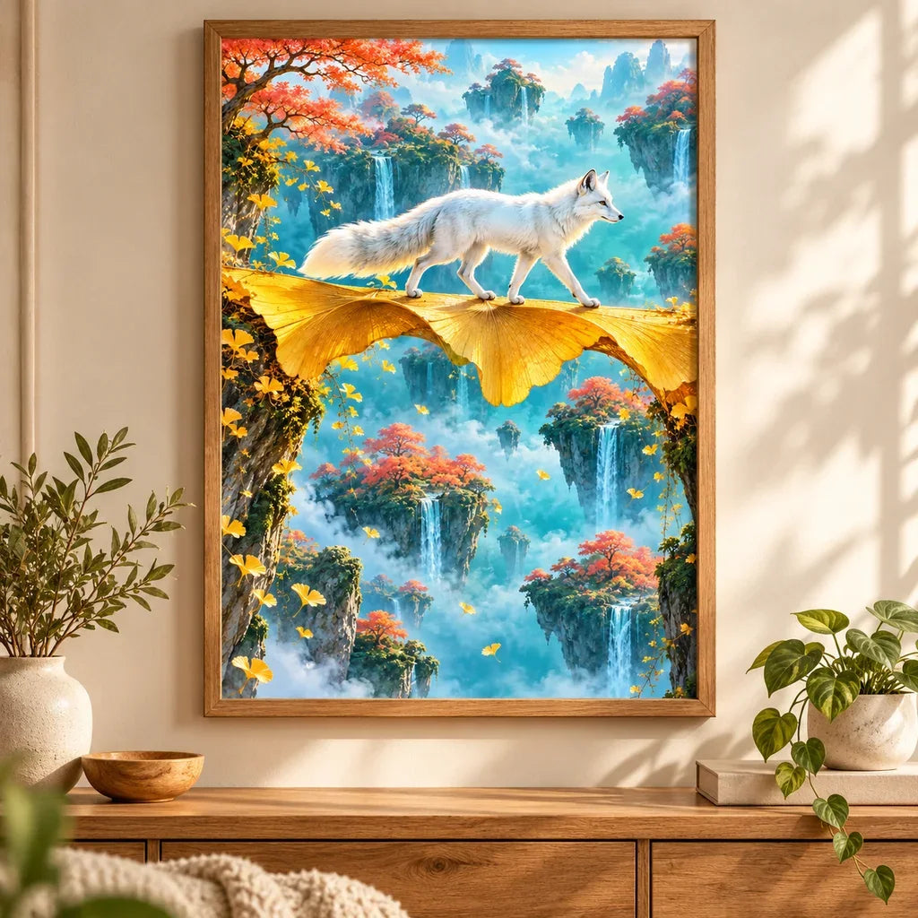 Arctic fox and ginkgo bridge diamond painting displayed in a bright home