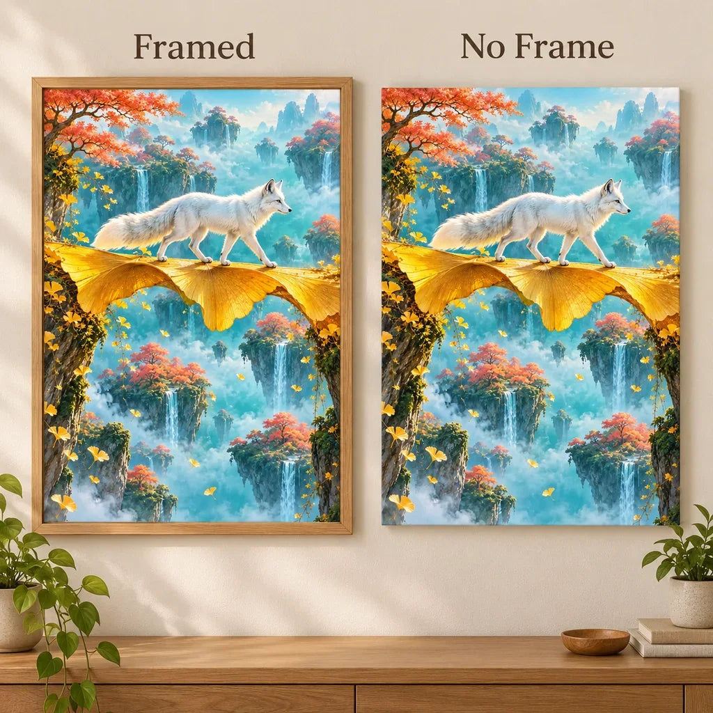 Framed and no-frame options for the arctic fox and ginkgo bridge diamond painting