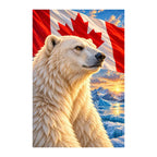 White polar bear portrait with a Canadian flag, icy mountains, and sunset on a white background