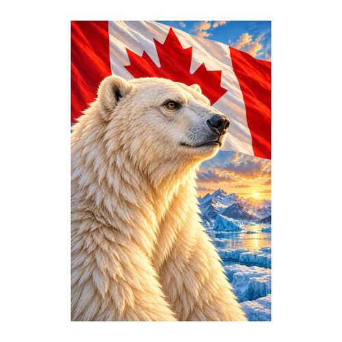 White polar bear portrait with a Canadian flag, icy mountains, and sunset on a white background