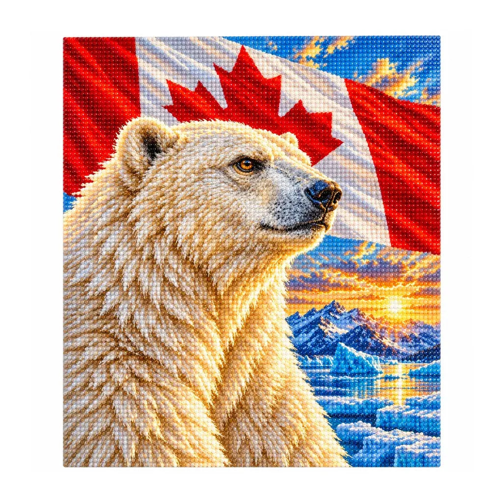 Diamond painting finish of a polar bear with the Canadian flag and sunset on white