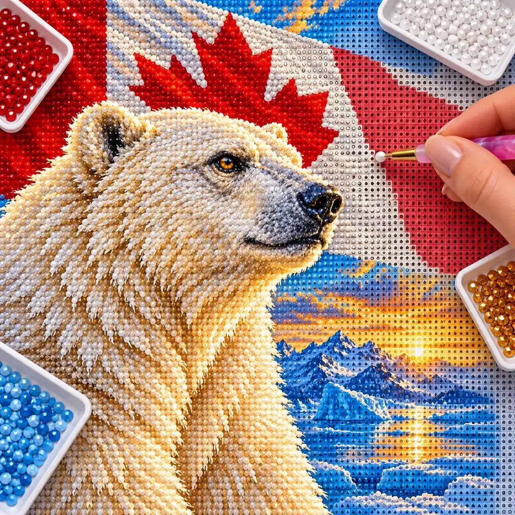 Hand placing diamond drills on the polar bear canvas beside colorful drill trays