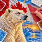 Hand placing diamond drills on the polar bear canvas beside colorful drill trays