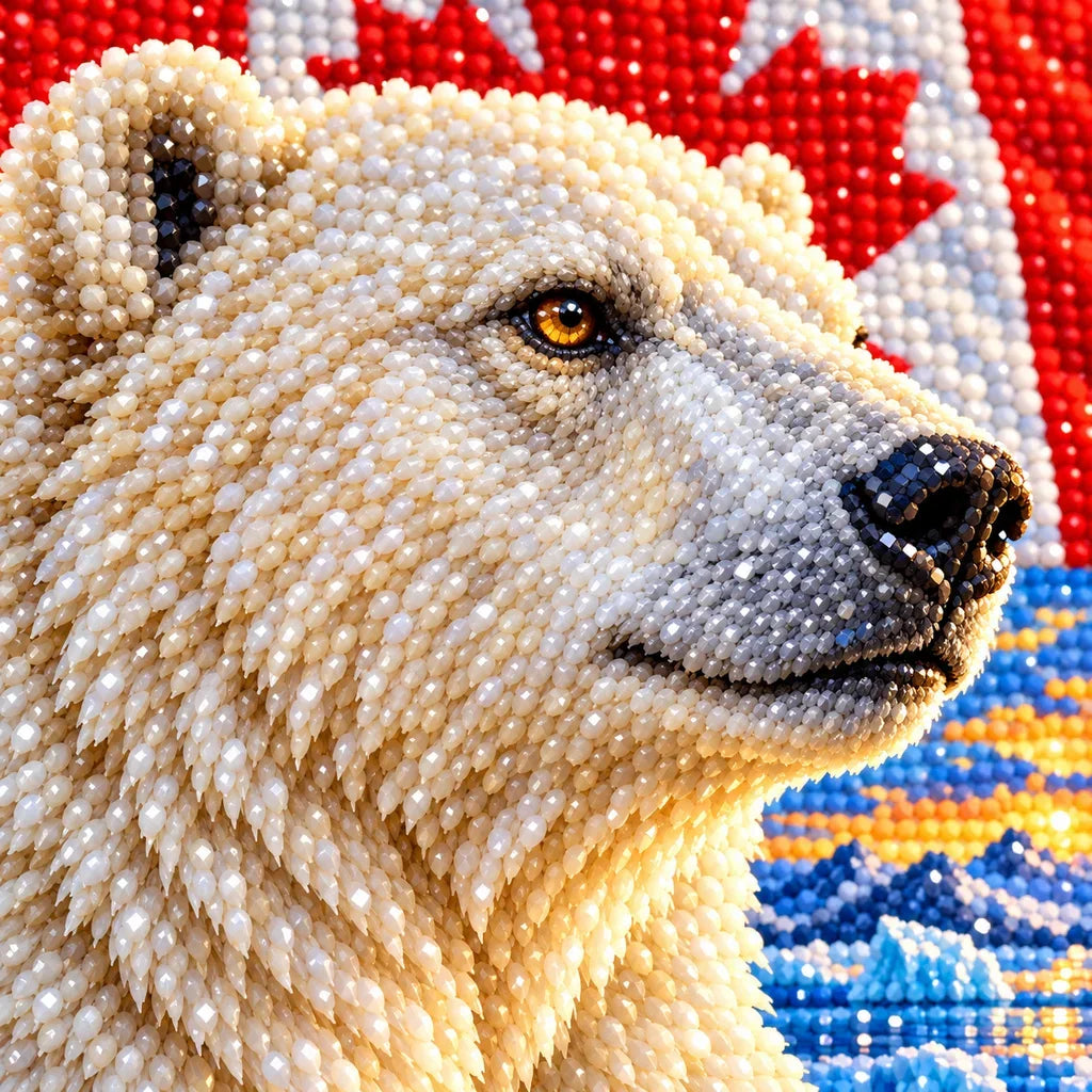 Close-up of faceted drills forming the polar bear's eye and fur