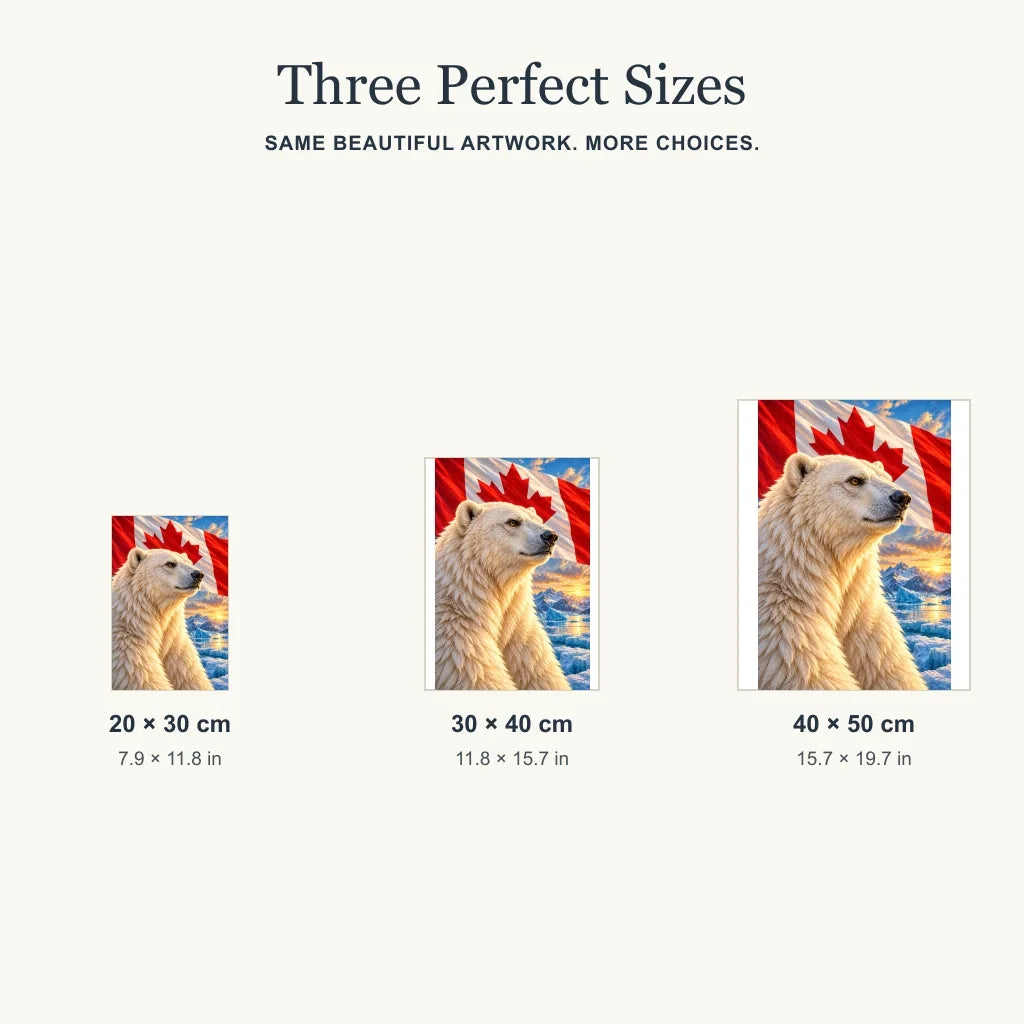 Size guide for the Arctic polar bear design: 20 × 30, 30 × 40, and 40 × 50 cm