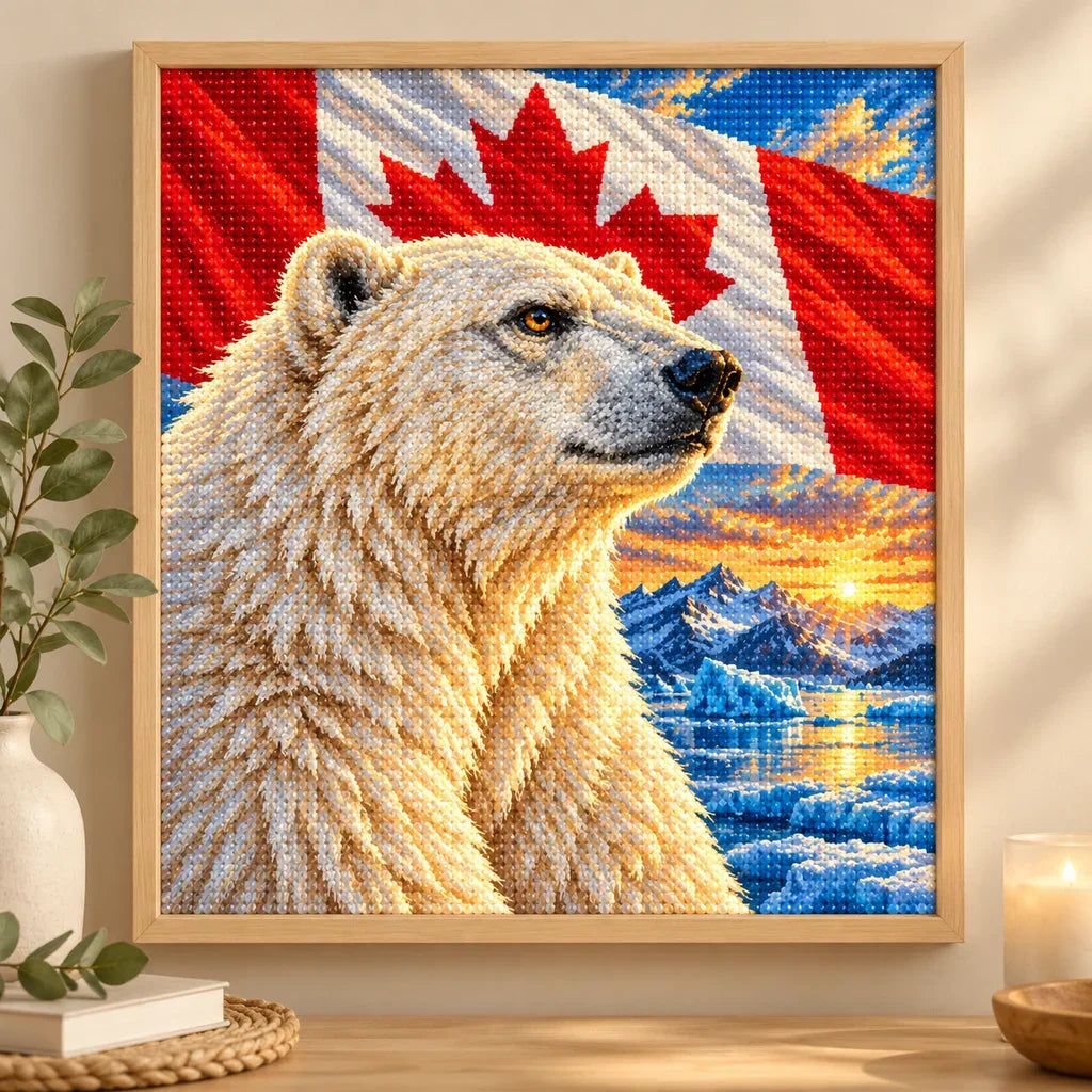 Framed polar bear diamond painting displayed in a warm home interior