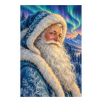 White-background original artwork of a blue-robed Santa beneath northern lights over snowy mountains for a diamond painting kit