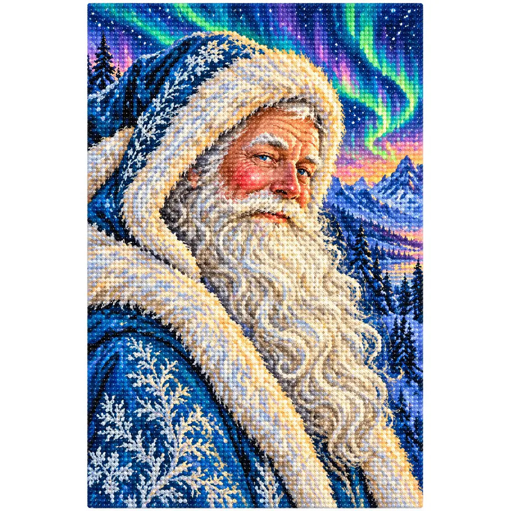 White-background finished diamond painting of a blue-robed Santa beneath northern lights over snowy mountains with sparkling drills
