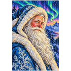 White-background finished diamond painting of a blue-robed Santa beneath northern lights over snowy mountains with sparkling drills