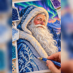 Diamond painting process showing a blue-robed Santa beneath northern lights over snowy mountains being completed with a stylus