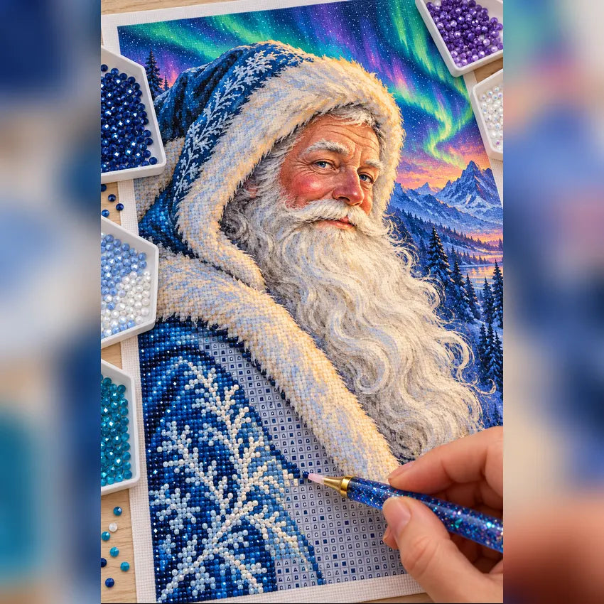Diamond painting process showing a blue-robed Santa beneath northern lights over snowy mountains being completed with a stylus